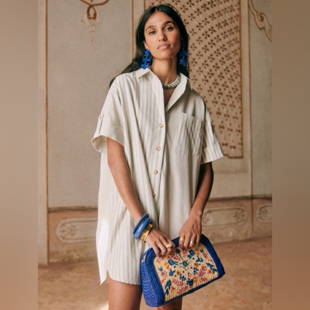 SEZANE Celia Dress Blue White Stripe Wmn’s Sz Small Chic stylish Boho Summer